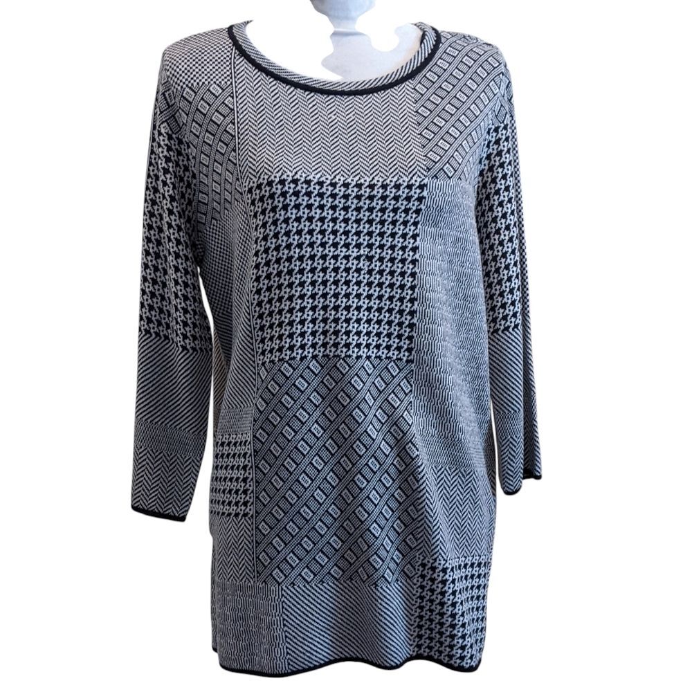 DANA BUCHMAN Black White Patchwork Tunic Knit Top Large